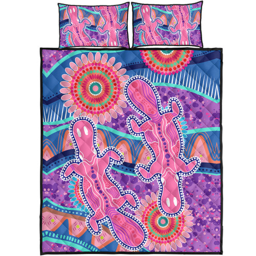 Australia Animals Platypus Aboriginal Quilt Bed Set - Pink Platypus With Aboriginal Art Dot Painting Patterns Inspired Quilt Bed Set Australia Animals Platypus Aboriginal Quilt Bed Set - Pink Platypus With Aboriginal Art Dot Painting Patterns Inspired Quilt Bed Set