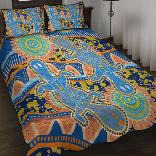 Australia Animals Platypus Aboriginal Quilt Bed Set - Blue Platypus With Aboriginal Art Dot Painting Patterns Inspired Quilt Bed Set