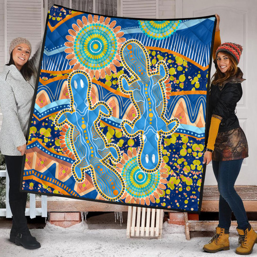 Australia Animals Platypus Aboriginal Quilt - Blue Platypus With Aboriginal Art Dot Painting Patterns Inspired Quilt