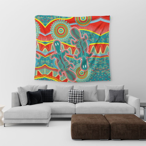 Australia Animals Platypus Aboriginal Tapestry - Green Platypus With Aboriginal Art Dot Painting Patterns Inspired Tapestry