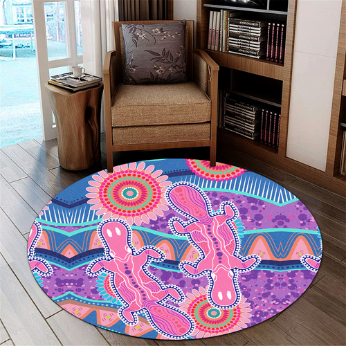 Australia Animals Platypus Aboriginal Round Rug - Pink Platypus With Aboriginal Art Dot Painting Patterns Inspired Round Rug