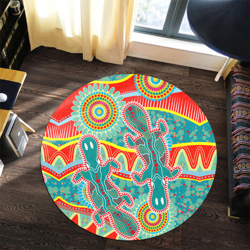 Australia Animals Platypus Aboriginal Round Rug - Green Platypus With Aboriginal Art Dot Painting Patterns Inspired Round Rug Australia Animals Platypus Aboriginal Round Rug - Green Platypus With Aboriginal Art Dot Painting Patterns Inspired Round Rug
