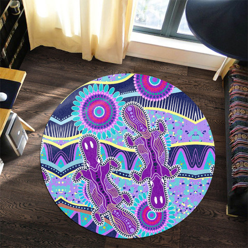 Australia Animals Platypus Aboriginal Round Rug - Purple Platypus With Aboriginal Art Dot Painting Patterns Inspired Round Rug Australia Animals Platypus Aboriginal Round Rug - Purple Platypus With Aboriginal Art Dot Painting Patterns Inspired Round Rug