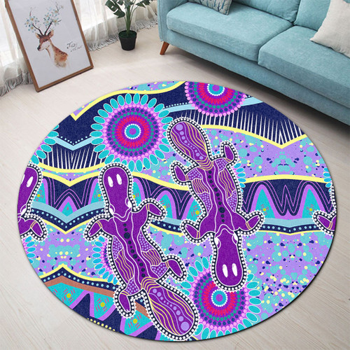 Australia Animals Platypus Aboriginal Round Rug - Purple Platypus With Aboriginal Art Dot Painting Patterns Inspired Round Rug