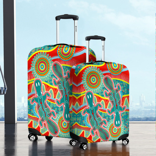 Australia Animals Platypus Aboriginal Luggage Cover - Green Platypus With Aboriginal Art Dot Painting Patterns Inspired Luggage Cover