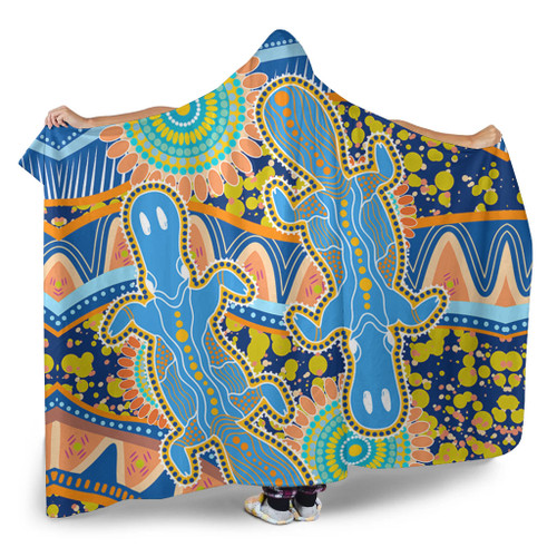 Australia Animals Platypus Aboriginal Hooded Blanket - Blue Platypus With Aboriginal Art Dot Painting Patterns Inspired Hooded Blanket Australia Animals Platypus Aboriginal Hooded Blanket - Blue Platypus With Aboriginal Art Dot Painting Patterns Inspired Hooded Blanket
