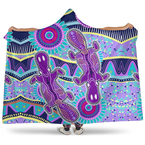 Australia Animals Platypus Aboriginal Hooded Blanket - Purple Platypus With Aboriginal Art Dot Painting Patterns Inspired Hooded Blanket Australia Animals Platypus Aboriginal Hooded Blanket - Purple Platypus With Aboriginal Art Dot Painting Patterns Inspired Hooded Blanket