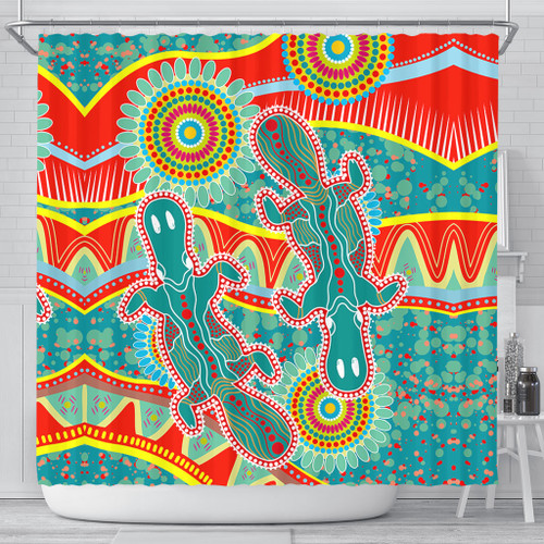 Australia Animals Platypus Aboriginal Shower Curtain - Green Platypus With Aboriginal Art Dot Painting Patterns Inspired Shower Curtain