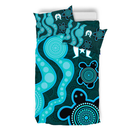 Australia Aboriginal Turtles Torres Strait Islands Bedding Set - Blue Turtles With Aboriginal Dot Art Painting Patterns And Torres Strait Symbol Bedding Set Australia Aboriginal Turtles Torres Strait Islands Bedding Set - Blue Turtles With Aboriginal Dot Art Painting Patterns And Torres Strait Symbol Bedding Set