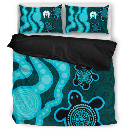 Australia Aboriginal Turtles Torres Strait Islands Bedding Set - Blue Turtles With Aboriginal Dot Art Painting Patterns And Torres Strait Symbol Bedding Set Australia Aboriginal Turtles Torres Strait Islands Bedding Set - Blue Turtles With Aboriginal Dot Art Painting Patterns And Torres Strait Symbol Bedding Set