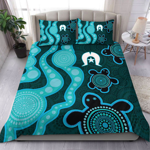 Australia Aboriginal Turtles Torres Strait Islands Bedding Set - Blue Turtles With Aboriginal Dot Art Painting Patterns And Torres Strait Symbol Bedding Set