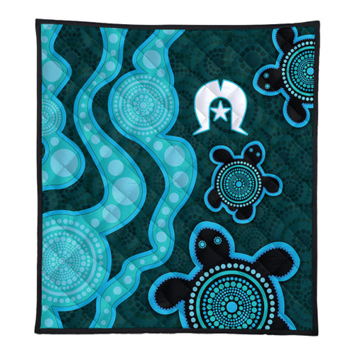 Australia Aboriginal Turtles Torres Strait Islands Quilt - Blue Turtles With Aboriginal Dot Art Painting Patterns And Torres Strait Symbol Quilt Australia Aboriginal Turtles Torres Strait Islands Quilt - Blue Turtles With Aboriginal Dot Art Painting Patterns And Torres Strait Symbol Quilt