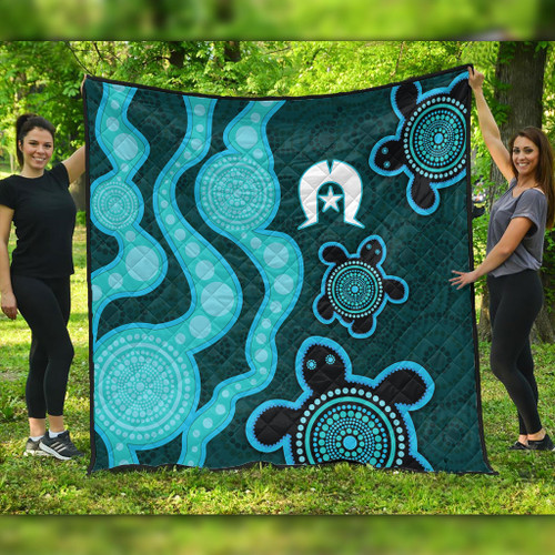 Australia Aboriginal Turtles Torres Strait Islands Quilt - Blue Turtles With Aboriginal Dot Art Painting Patterns And Torres Strait Symbol Quilt Australia Aboriginal Turtles Torres Strait Islands Quilt - Blue Turtles With Aboriginal Dot Art Painting Patterns And Torres Strait Symbol Quilt