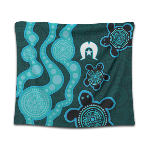 Australia Aboriginal Turtles Torres Strait Islands Tapestry - Blue Turtles With Aboriginal Dot Art Painting Patterns And Torres Strait Symbol Tapestry Australia Aboriginal Turtles Torres Strait Islands Tapestry - Blue Turtles With Aboriginal Dot Art Painting Patterns And Torres Strait Symbol Tapestry