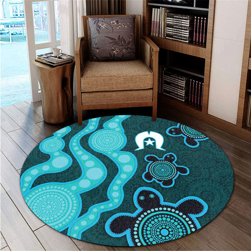 Australia Aboriginal Turtles Torres Strait Islands Round Rug - Blue Turtles With Aboriginal Dot Art Painting Patterns And Torres Strait Symbol Round Rug Australia Aboriginal Turtles Torres Strait Islands Round Rug - Blue Turtles With Aboriginal Dot Art Painting Patterns And Torres Strait Symbol Round Rug