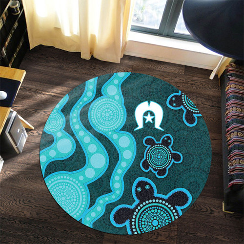 Australia Aboriginal Turtles Torres Strait Islands Round Rug - Blue Turtles With Aboriginal Dot Art Painting Patterns And Torres Strait Symbol Round Rug Australia Aboriginal Turtles Torres Strait Islands Round Rug - Blue Turtles With Aboriginal Dot Art Painting Patterns And Torres Strait Symbol Round Rug