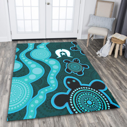 Australia Aboriginal Turtles Torres Strait Islands Area Rug - Blue Turtles With Aboriginal Dot Art Painting Patterns And Torres Strait Symbol Area Rug Australia Aboriginal Turtles Torres Strait Islands Area Rug - Blue Turtles With Aboriginal Dot Art Painting Patterns And Torres Strait Symbol Area Rug