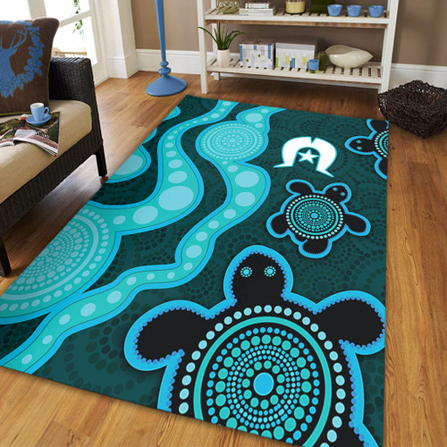 Australia Aboriginal Turtles Torres Strait Islands Area Rug - Blue Turtles With Aboriginal Dot Art Painting Patterns And Torres Strait Symbol Area Rug Australia Aboriginal Turtles Torres Strait Islands Area Rug - Blue Turtles With Aboriginal Dot Art Painting Patterns And Torres Strait Symbol Area Rug