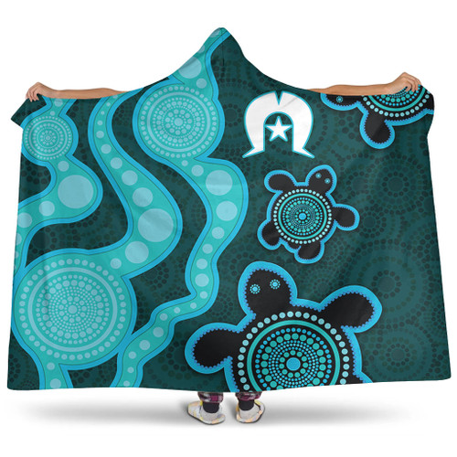 Australia Aboriginal Turtles Torres Strait Islands Hooded Blanket - Blue Turtles With Aboriginal Dot Art Painting Patterns And Torres Strait Symbol Hooded Blanket Australia Aboriginal Turtles Torres Strait Islands Hooded Blanket - Blue Turtles With Aboriginal Dot Art Painting Patterns And Torres Strait Symbol Hooded Blanket