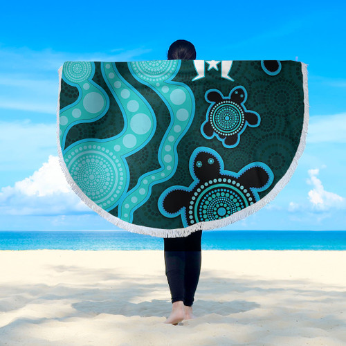 Australia Aboriginal Turtles Torres Strait Islands Beach Blanket - Blue Turtles With Aboriginal Dot Art Painting Patterns And Torres Strait Symbol Beach Blanket