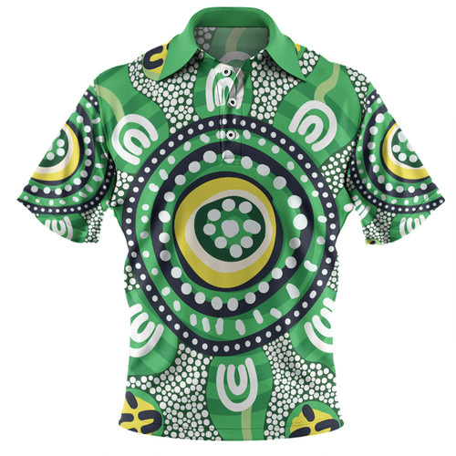 Australia Dot Painting Inspired Aboriginal Polo Shirt - Green Aboriginal Inspired Dot Art Polo Shirt