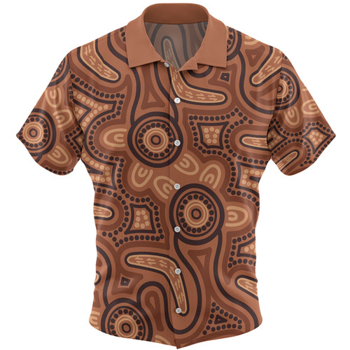 Australia Dot Painting Inspired Aboriginal Hawaiian Shirt - Brown Aboriginal Australian Art With Boomerang Hawaiian Shirt