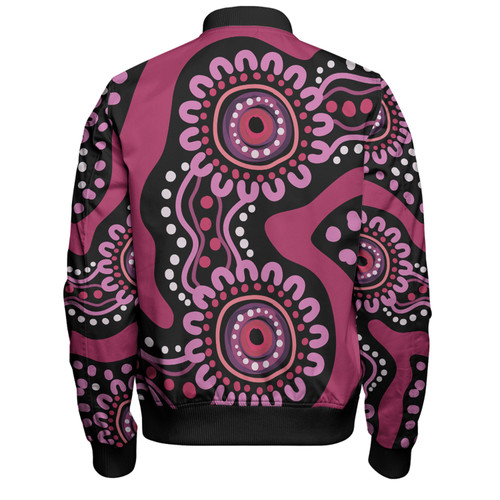 Australia Dot Painting Inspired Aboriginal Bomber Jacket - Pink Flowers Aboriginal Dot Art Bomber Jacket