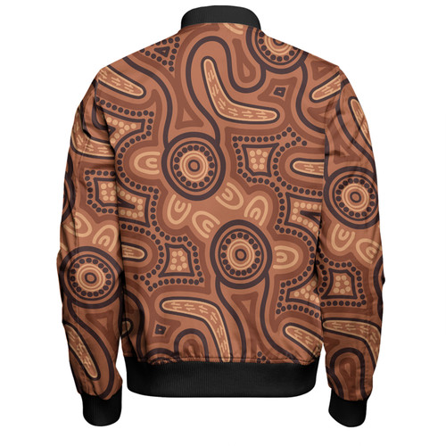 Australia Dot Painting Inspired Aboriginal Bomber Jacket - Brown Aboriginal Australian Art With Boomerang Bomber Jacket Australia Dot Painting Inspired Aboriginal Bomber Jacket - Brown Aboriginal Australian Art With Boomerang Bomber Jacket