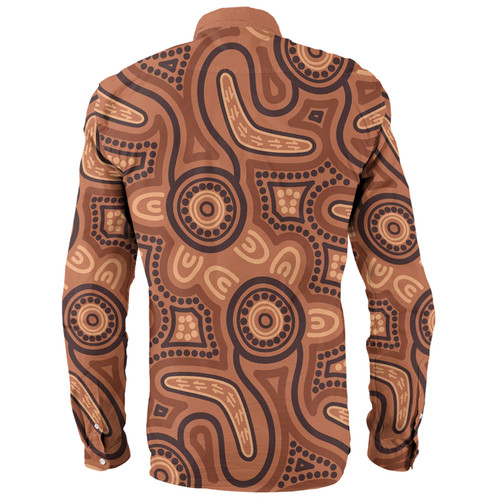 Australia Dot Painting Inspired Aboriginal Long Sleeve Shirt - Brown Aboriginal Australian Art With Boomerang Long Sleeve Shirt Australia Dot Painting Inspired Aboriginal Long Sleeve Shirt - Brown Aboriginal Australian Art With Boomerang Long Sleeve Shirt