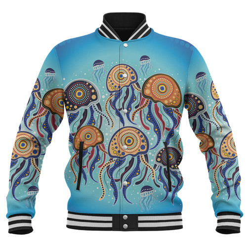 Australia Dot Painting Inspired Aboriginal Baseball Jacket - Jellyfish Art In Aboriginal Dot Style Baseball Jacket