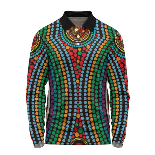 Australia Dot Painting Inspired Aboriginal Long Sleeve Polo Shirt - Dot Color In The Aboriginal Style Long Sleeve Polo Shirt