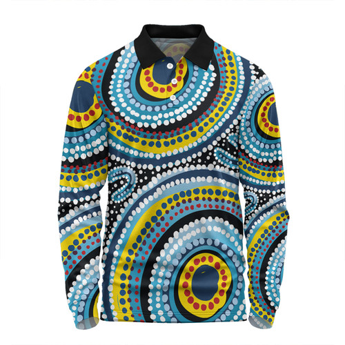 Australia Dot Painting Inspired Aboriginal Long Sleeve Polo Shirt - Blue Aboriginal Style Dot Art Long Sleeve Polo Shirt