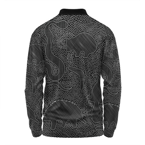 Australia Dot Painting Inspired Aboriginal Long Sleeve Polo Shirt - Aboriginal Dot Grey Art With Animals Long Sleeve Polo Shirt Australia Dot Painting Inspired Aboriginal Long Sleeve Polo Shirt - Aboriginal Dot Grey Art With Animals Long Sleeve Polo Shirt