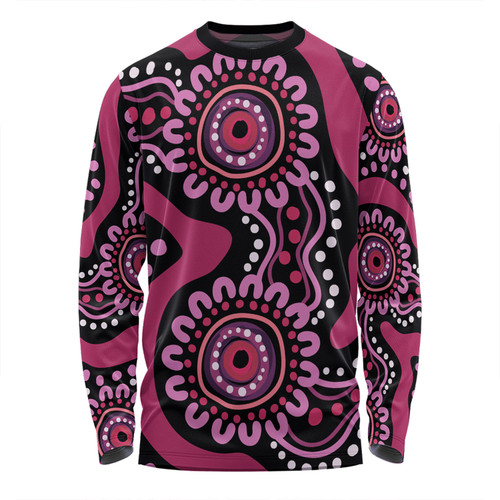 Australia Dot Painting Inspired Aboriginal Long Sleeve T-shirt - Pink Flowers Aboriginal Dot Art Long Sleeve T-shirt