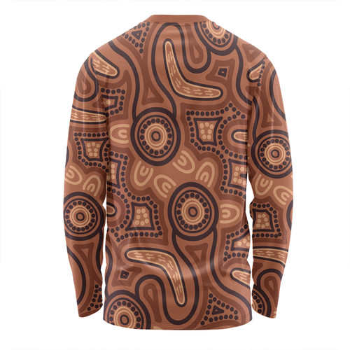 Australia Dot Painting Inspired Aboriginal Long Sleeve T-shirt - Brown Aboriginal Australian Art With Boomerang Long Sleeve T-shirt Australia Dot Painting Inspired Aboriginal Long Sleeve T-shirt - Brown Aboriginal Australian Art With Boomerang Long Sleeve T-shirt