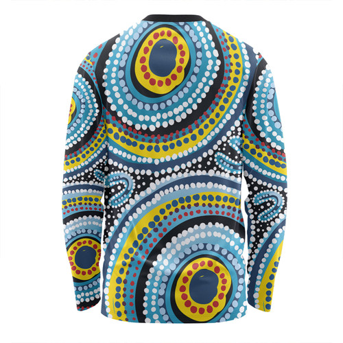 Australia Dot Painting Inspired Aboriginal Long Sleeve T-shirt - Blue Aboriginal Style Dot Art Long Sleeve T-shirt