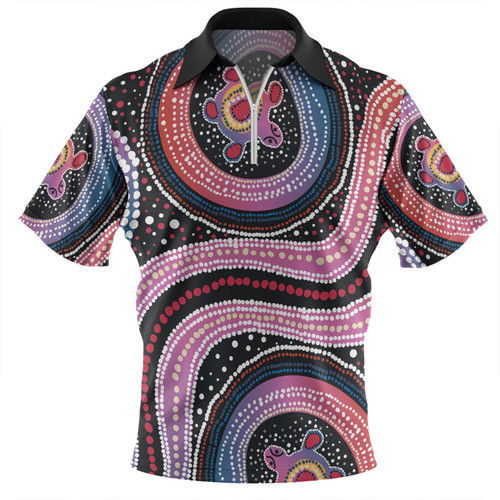 Australia Dot Painting Inspired Aboriginal Zip Polo Shirt - Turtles With Dot In Aboriginal Zip Polo Shirt