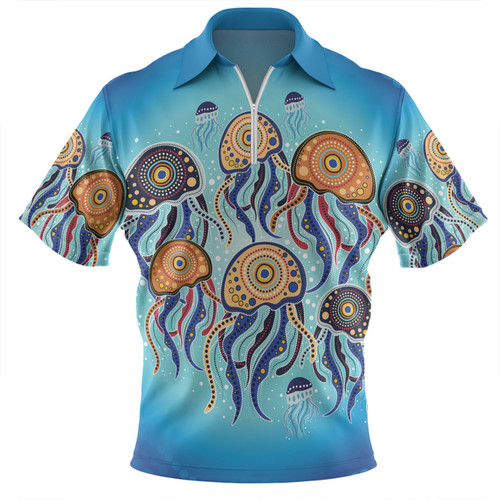 Australia Dot Painting Inspired Aboriginal Zip Polo Shirt - Jellyfish Art In Aboriginal Dot Style Zip Polo Shirt