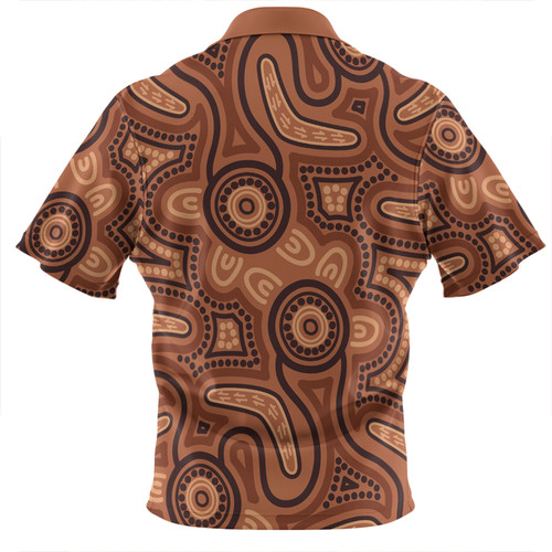 Australia Dot Painting Inspired Aboriginal Zip Polo Shirt - Brown Aboriginal Australian Art With Boomerang Zip Polo Shirt Australia Dot Painting Inspired Aboriginal Zip Polo Shirt - Brown Aboriginal Australian Art With Boomerang Zip Polo Shirt