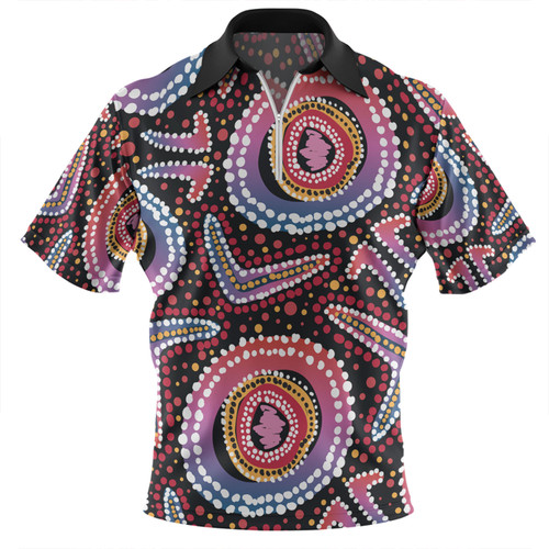 Australia Dot Painting Inspired Aboriginal Zip Polo Shirt - Boomerang From Aboriginal Art Zip Polo Shirt