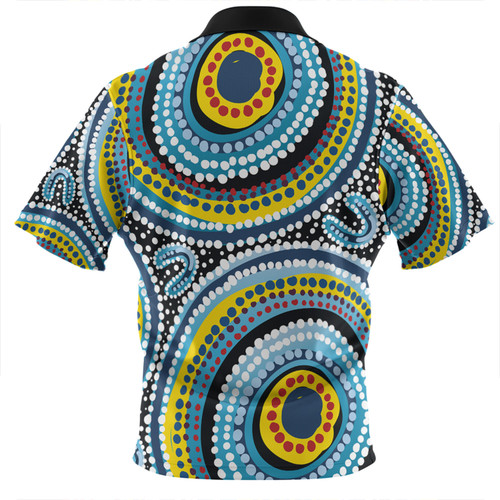 Australia Dot Painting Inspired Aboriginal Zip Polo Shirt - Blue Aboriginal Style Dot Art Zip Polo Shirt Australia Dot Painting Inspired Aboriginal Zip Polo Shirt - Blue Aboriginal Style Dot Art Zip Polo Shirt