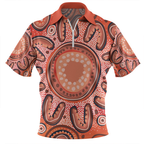 Australia Dot Painting Inspired Aboriginal Zip Polo Shirt - Big Flower Painting With Aboriginal Dot Zip Polo Shirt