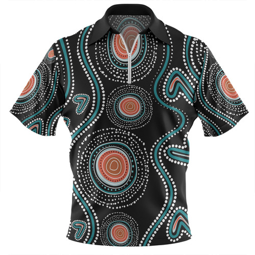 Australia Dot Painting Inspired Aboriginal Zip Polo Shirt - Aboriginal Green Dot Patterns Art Painting Zip Polo Shirt