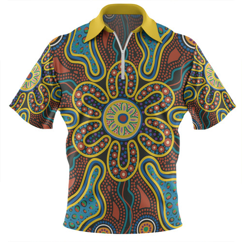 Australia Dot Painting Inspired Aboriginal Zip Polo Shirt - Aboriginal Dot Art Color Inspired Zip Polo Shirt