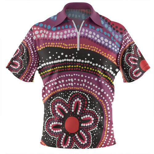 Australia Dot Painting Inspired Aboriginal Zip Polo Shirt - Aboriginal Color Dot Inspired Zip Polo Shirt