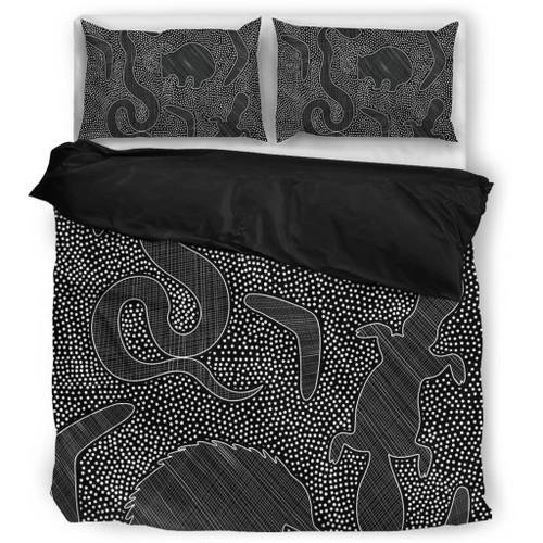 Australia Dot Painting Inspired Aboriginal Bedding Set - Aboriginal Dot Grey Art With Animals Bedding Set Australia Dot Painting Inspired Aboriginal Bedding Set - Aboriginal Dot Grey Art With Animals Bedding Set