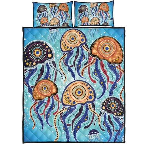 Australia Dot Painting Inspired Aboriginal Quilt Bed Set - Jellyfish Art In Aboriginal Dot Style Quilt Bed Set Australia Dot Painting Inspired Aboriginal Quilt Bed Set - Jellyfish Art In Aboriginal Dot Style Quilt Bed Set