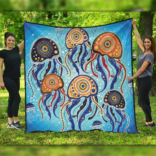 Australia Dot Painting Inspired Aboriginal Quilt - Jellyfish Art In Aboriginal Dot Style Quilt Australia Dot Painting Inspired Aboriginal Quilt - Jellyfish Art In Aboriginal Dot Style Quilt