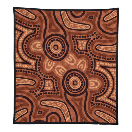 Australia Dot Painting Inspired Aboriginal Quilt - Brown Aboriginal Australian Art With Boomerang Quilt Australia Dot Painting Inspired Aboriginal Quilt - Brown Aboriginal Australian Art With Boomerang Quilt