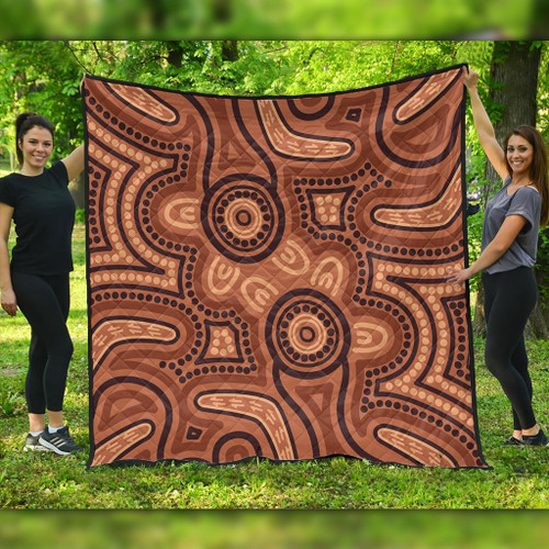 Australia Dot Painting Inspired Aboriginal Quilt - Brown Aboriginal Australian Art With Boomerang Quilt Australia Dot Painting Inspired Aboriginal Quilt - Brown Aboriginal Australian Art With Boomerang Quilt